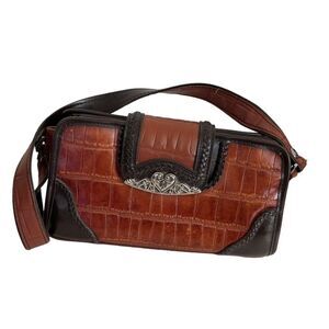 M C Marc Chantal Leather Bag Croc Embossed Two Tone Brown Silver Hardware